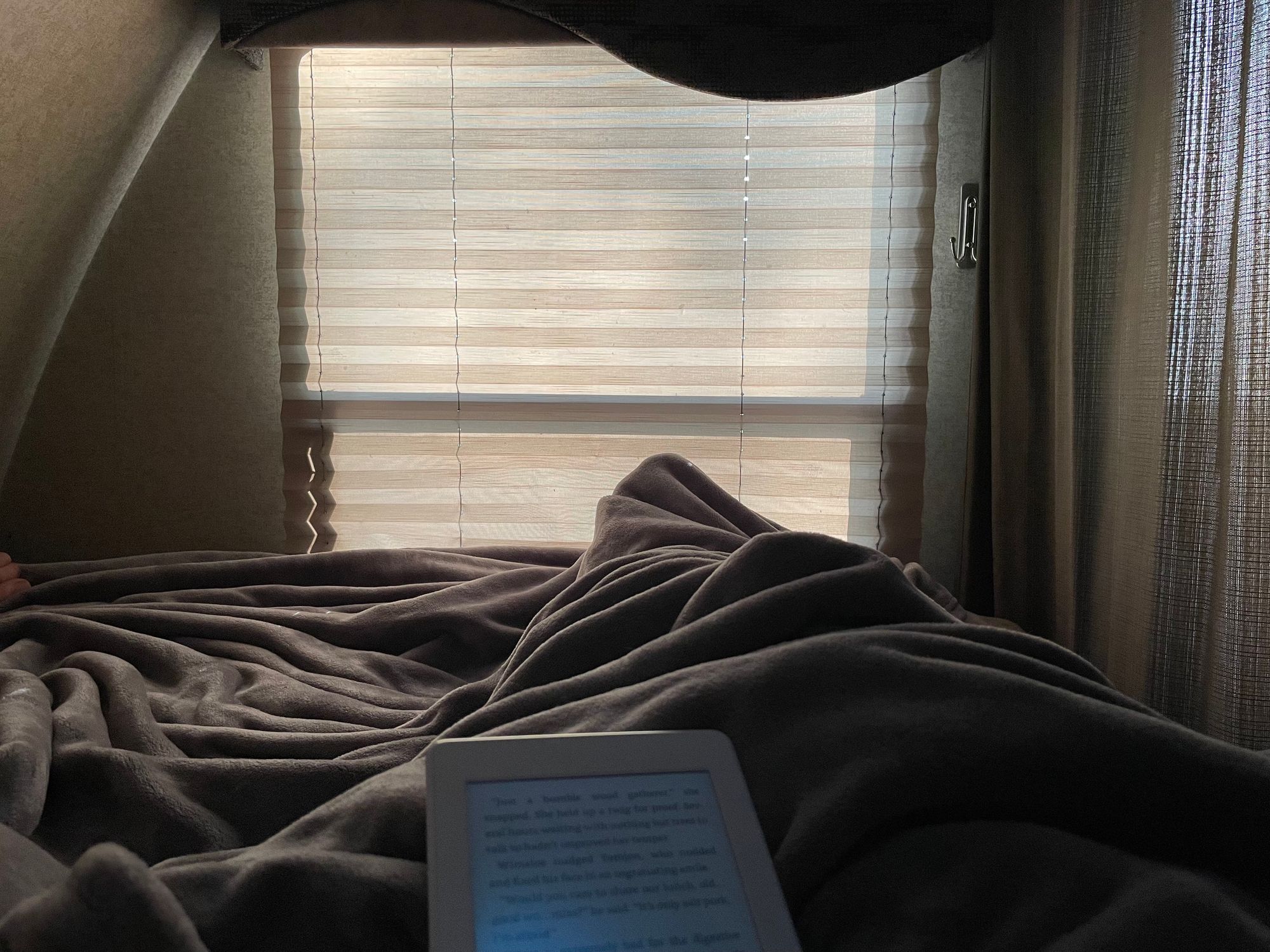 My legs covered in a very soft blanket. Light is coming in through the shades. I'm holding an eReader.